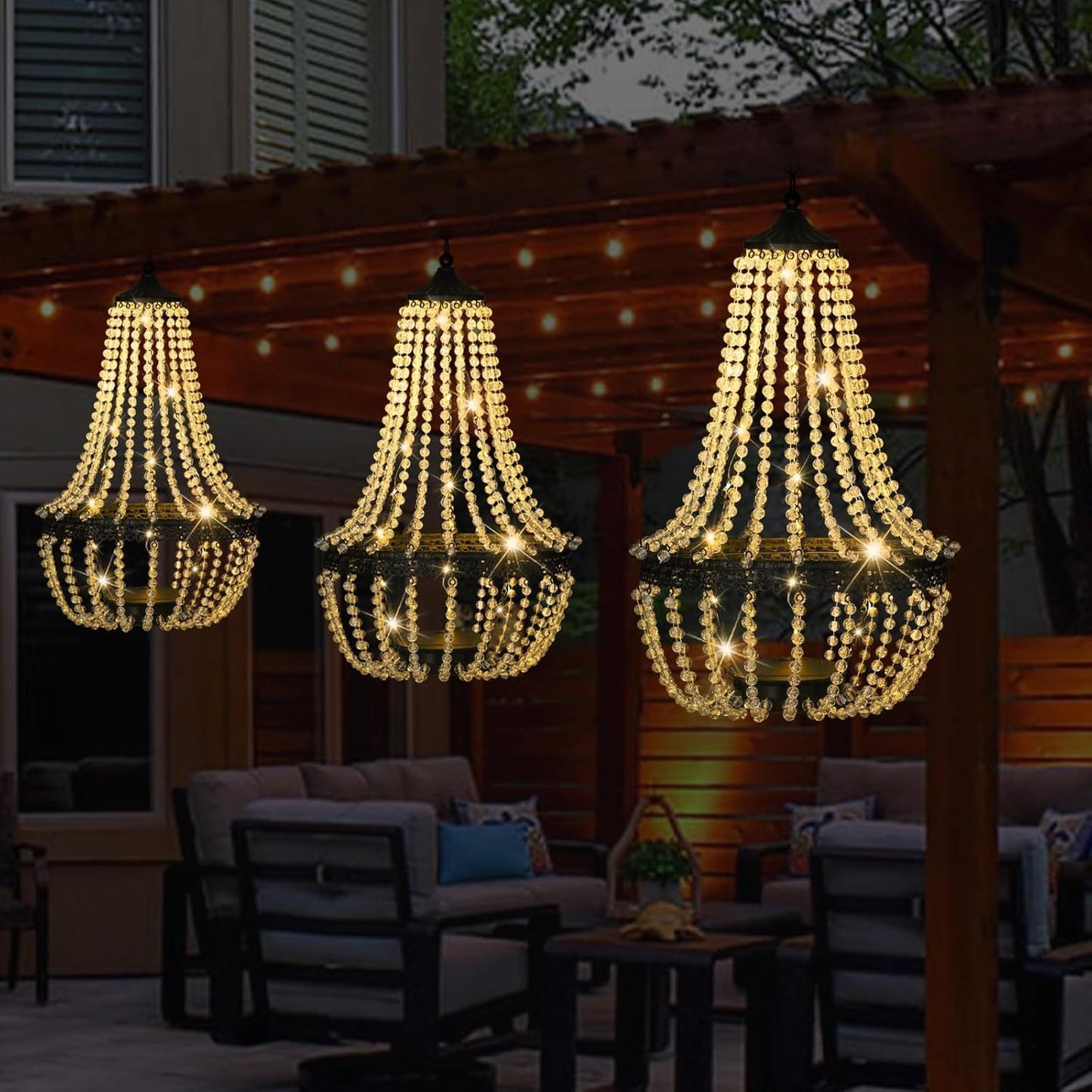 Taylor & Brown 28" Tall Hanging Solar Powered Acrylic Crystal Chandelier Light Lantern Modern Outdoor Garden Meadow with 30 Cool White LED Lights for Yard, Patio and Gazebo Decorations