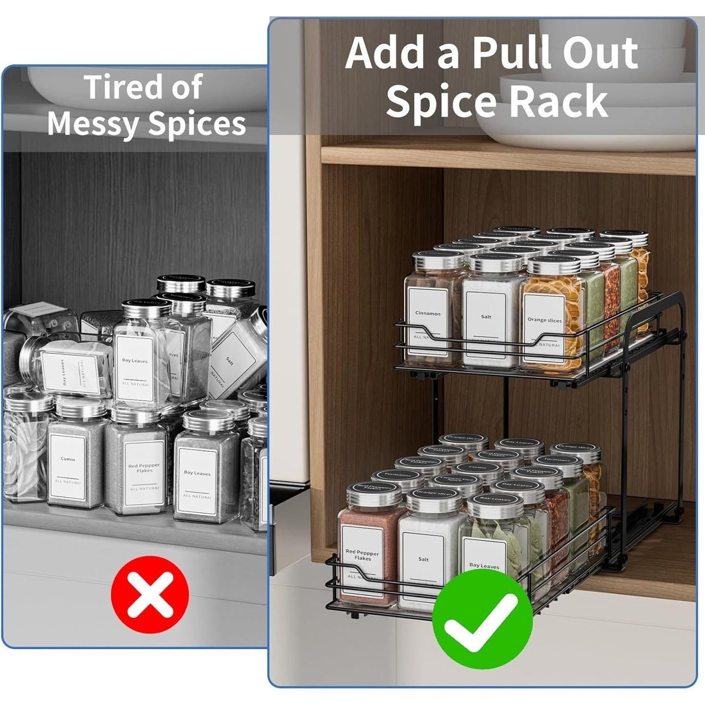 2 Tier Spice Rack, Pull Out Spice Organiser for Inside Cupboard, Cabinet or Countertop - Adjustable Cabinet Shelf with Smooth Slide Rails for Kitchen, Pantry