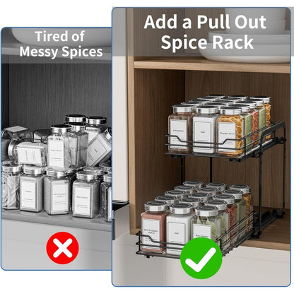 2 Tier Spice Rack, Pull Out Spice Organiser for Inside Cupboard, Cabinet or Countertop - Adjustable Cabinet Shelf with Smooth Slide Rails for Kitchen, Pantry