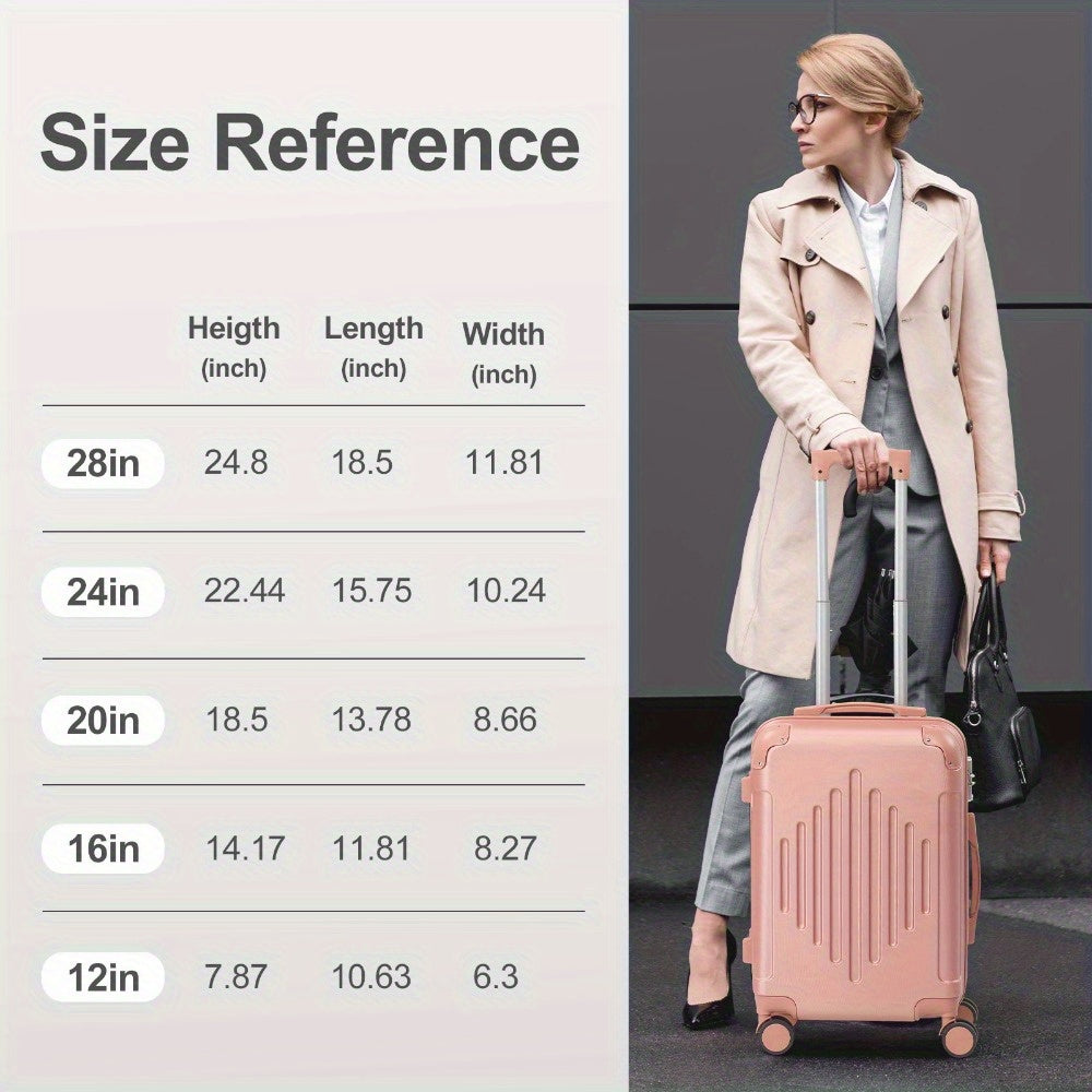 of Trolley Cases in Sizes 12, 16, 20, 24, And 28 Inches, Featuring a Stylish Diamond Stripe Design with Reinforced Corners, Made from Durable ABS Material, Perfect for Travelers on Extended Trips