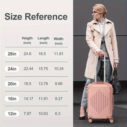 of Trolley Cases in Sizes 12, 16, 20, 24, And 28 Inches, Featuring a Stylish Diamond Stripe Design with Reinforced Corners, Made from Durable ABS Material, Perfect for Travelers on Extended Trips