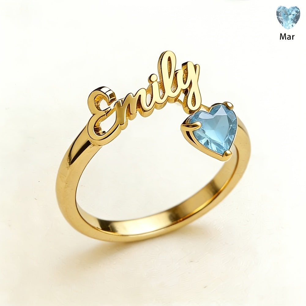 Personalized Heart Birthstone Ring, Custom Birthstone Golden Name Ring, Stainless Steel Elegant Nameplate Open Ring, Best Birthday Gift for Her, Birthstone Jewelry, Light Issues May Cause Color Differences in Birthstones