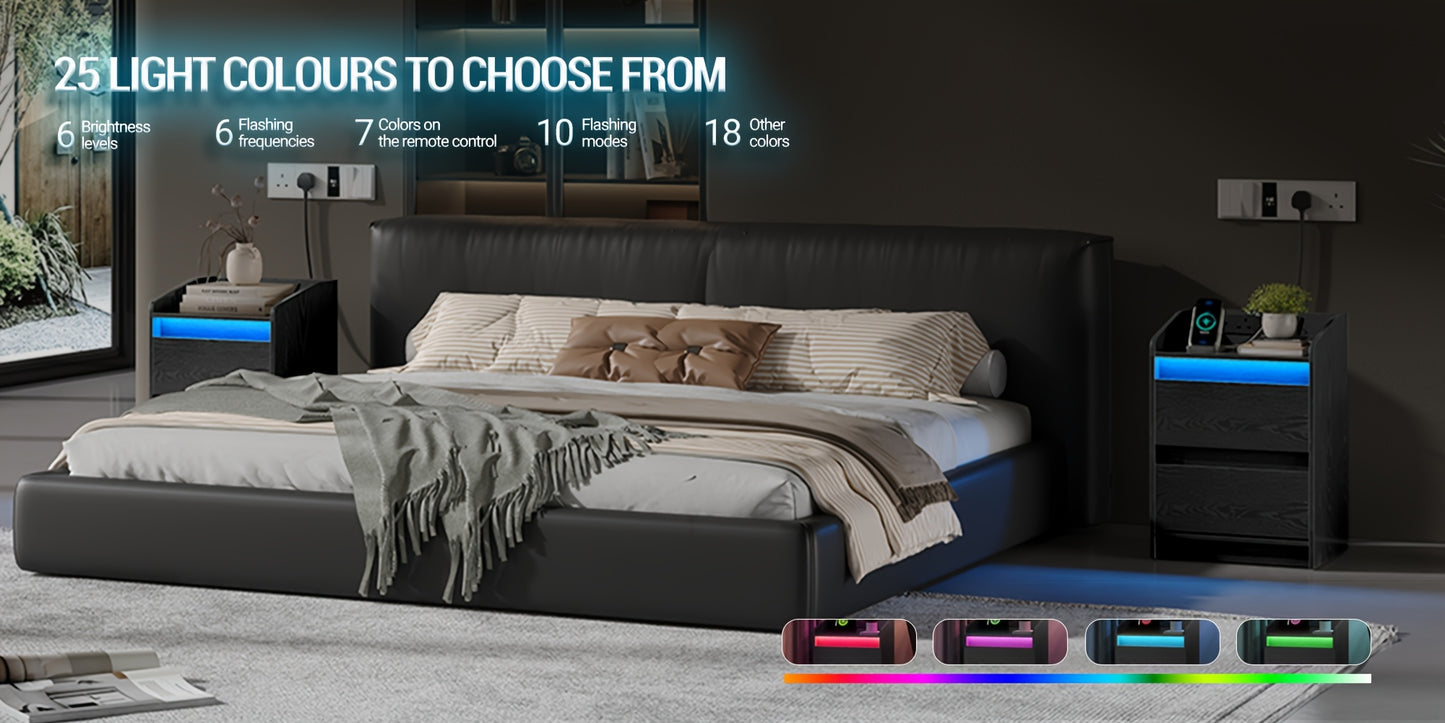 Bedside Tables, Side Table with LED Lights, Charging Station, USB Ports And Electrical Outlets, 2 Drawers, Ideal for Living Room And Bedroom, White