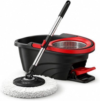 Deluxe Spin Mop & Bucket Set with Stainless Steel Wringer, Adjustable Handle (48–135cm), 2 Microfiber Mop Heads & Foot Pedal Heavy Duty Cleaning System for Home & Floor Care