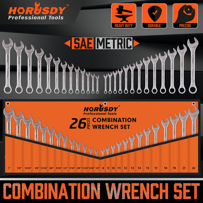 26pcs Metric & Imperial Combination Spanner Wrench Set Standard 8-24mm 1/4"-1" with Roll-up Pouch