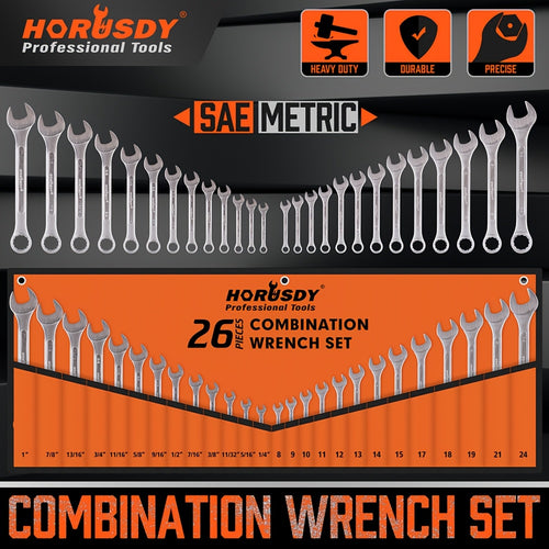 26pcs Metric & Imperial Combination Spanner Wrench Set Standard 8-24mm 1/4"-1" with Roll-up Pouch