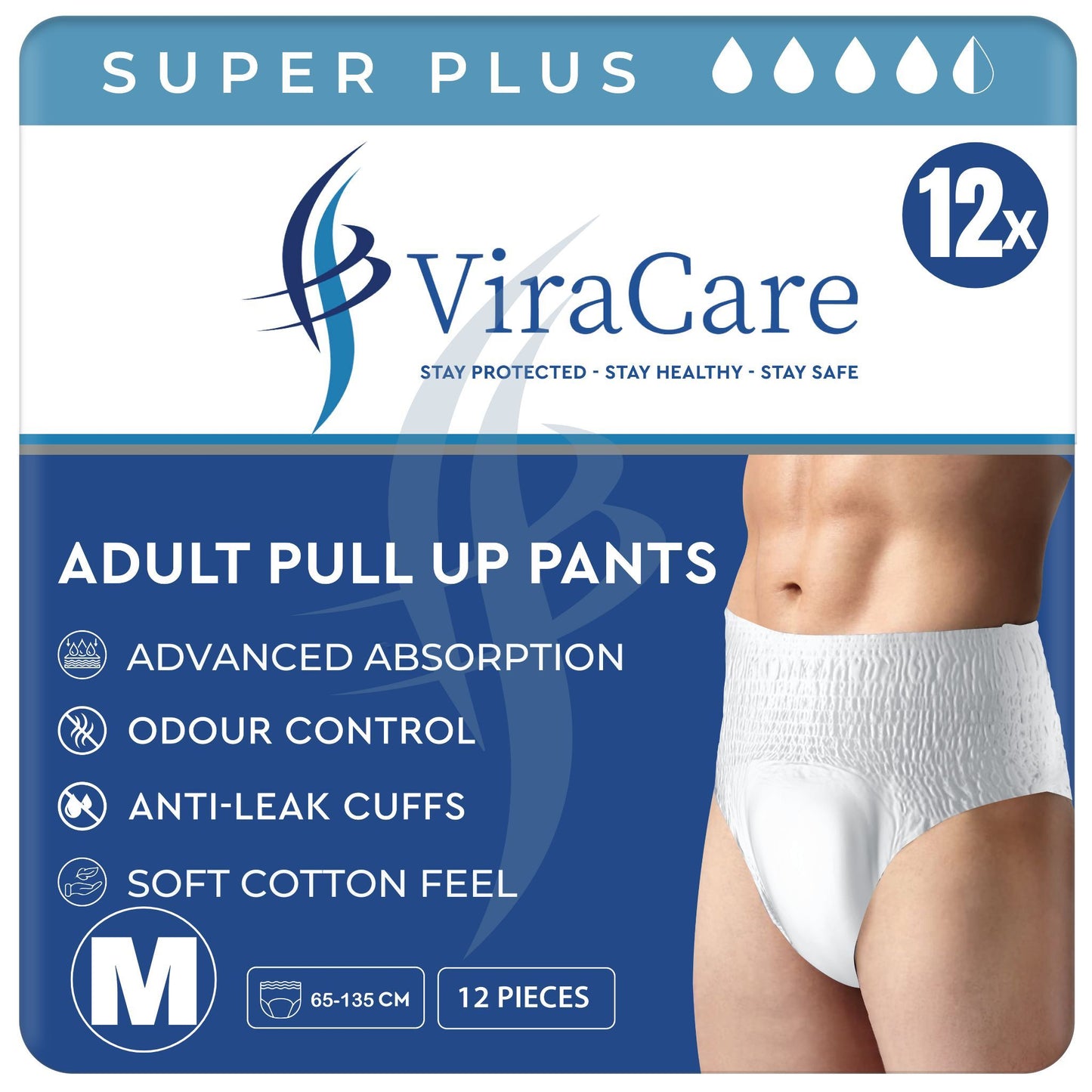 12 x Super Plus Absorbent Pants Women & Men | Adults Nappies | Advanced Absorption and Soft-Stretch Waistband | Adults Pull Up Pants | Waist Size Medium 65-135 cm | (1 Pack of 12)