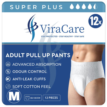12 x Super Plus Absorbent Pants Women & Men | Adults Nappies | Advanced Absorption and Soft-Stretch Waistband | Adults Pull Up Pants | Waist Size Medium 65-135 cm | (1 Pack of 12)