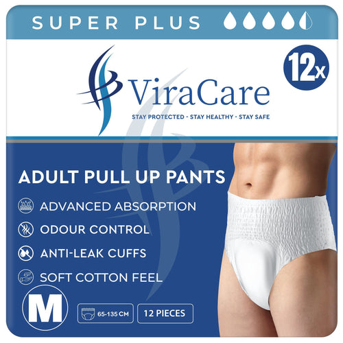 12 x Super Plus Absorbent Pants Women & Men | Adults Nappies | Advanced Absorption and Soft-Stretch Waistband | Adults Pull Up Pants | Waist Size Medium 65-135 cm | (1 Pack of 12)
