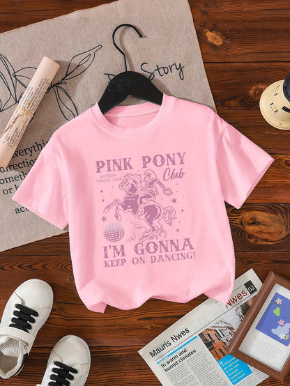 Girls' Casual Short Sleeve T-Shirt - Pink Pony Club Graphic "I'm Gonna Keep On Dancing" Single-Sided Print, Soft Polyester Blend, Comfort Fit Round Neck Top for Spring Summer Fall, Dance Gifts for Girls