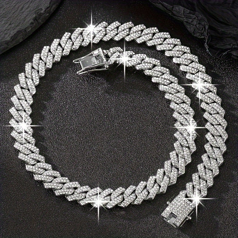2pcs/set Necklace+bracelet Luxury Set Domineering Y2K Cuban Lozenge Link Chain Necklace, Hip Hop Miami Unisex Necklace, Rapper Necklace Jewelry, Trendy Accessories Encryption style
