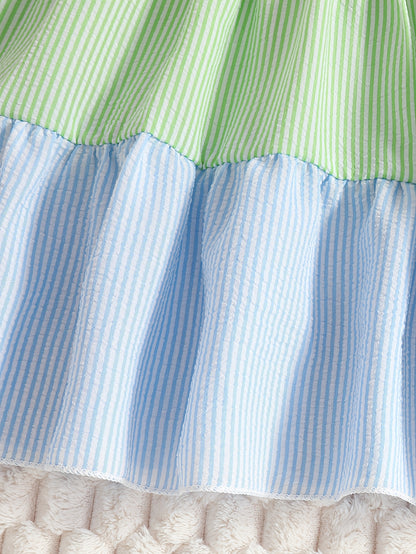 New Summer Style Girls' Colorblock Striped Dress, Cute Flutter Sleeve Dress, Summer Casual Dress, Summer Children's Clothing, Casual Daily Wear, Sweet and Adorable Girls' Dress, Girls' Clothes, Easter