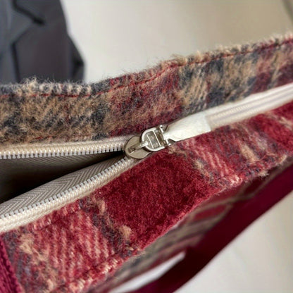Large Capacity Plaid Shoulder Bag, 1pc - Tweed Fabric, Machine Washable, Shoulder Strap Design for Work And Everyday Use | Red, Black, Elegant Blue