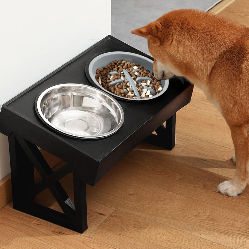 Elevated Dog Bowl Stand Height-Adjustable – Raised Feeder with Stainless Steel & PP Bowls for Small, Medium & Large Dogs, Anti-Slip Feeding Station, 45x26x27.5cm, Black