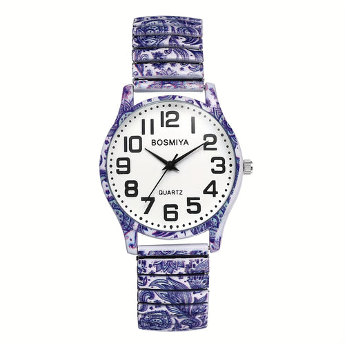 Bohemian Women'S Stretch Watch, Analog Quartz Wristwatch, Large Arabic Numerals Scale, Clear And Easy to Read, Round Case, Printed Decorative Stainless Steel Strap, Suitable for Casual, Business Wear, Mother'S Day Christmas Birthday Gift