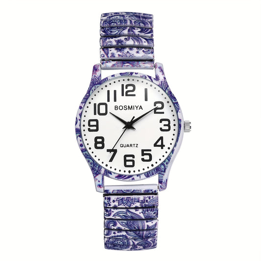Bohemian Women'S Stretch Watch, Analog Quartz Wristwatch, Large Arabic Numerals Scale, Clear And Easy to Read, Round Case, Printed Decorative Stainless Steel Strap, Suitable for Casual, Business Wear, Mother'S Day Christmas Birthday Gift