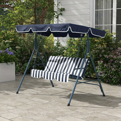 3-Person Garden Swing Chair with Adjustable Canopy Padded Seat Steel Frame Outdoor Patio Swing Bench Blue White
