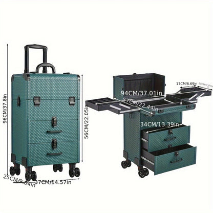 Large 3-in-1 Makeup Trolley Case – Professional Hairdressing Vanity Beauty Box with Wheels, PU Aluminium Frame Cosmetic Storage, 37x25x56cm, Rose Gold & Black