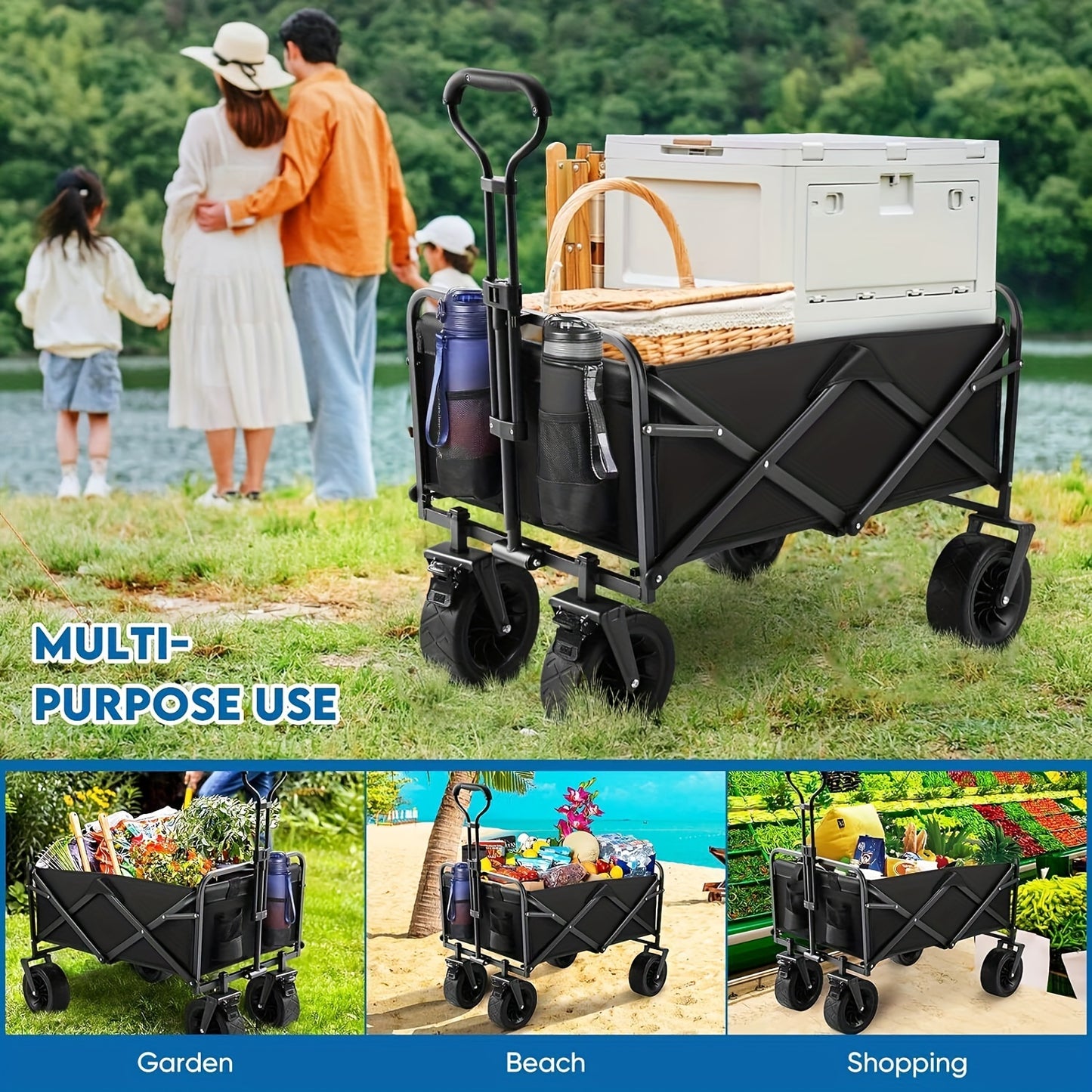 Heavy-Duty Folding Cart with -Terrain Tires - Collapsible Utility Wagon Suitable for Beach, Camping, Garden, Picnic, Tailgating, Markets - Pull-Along Trailer Truck for Groceries, Firewood, Outdoor Gear & Farm Use