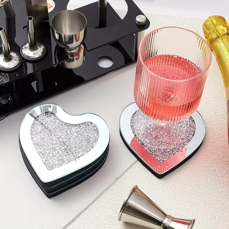 Serena's® Set of 4 Crystal Coasters – 10cm Glass Mirrored Drink Coasters with Glitter Crushed Diamond Design – Elegant Coasters for Home, Kitchen, Bar, or Table Decoration