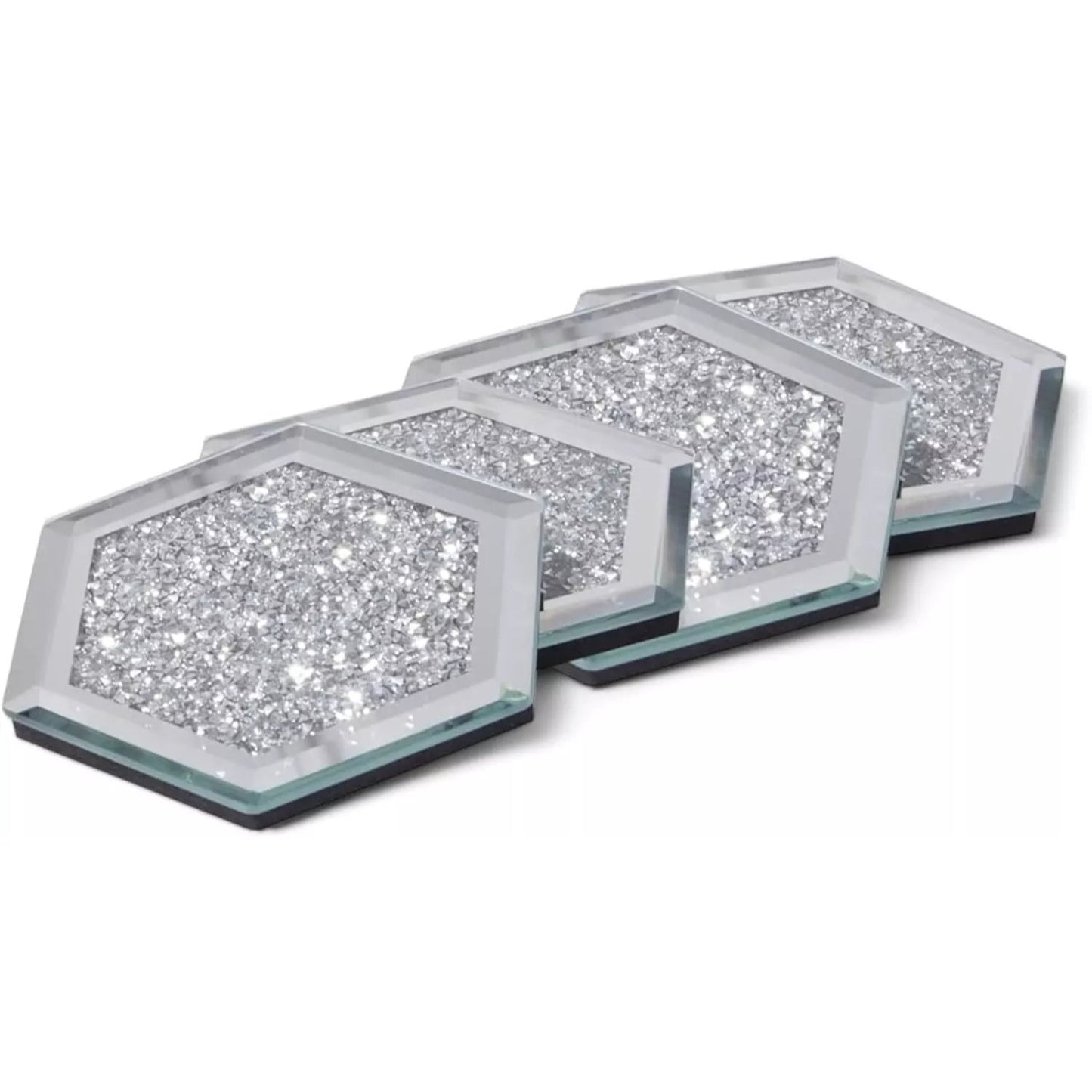 Serena's® Set of 4 Crystal Coasters – 10cm Glass Mirrored Drink Coasters with Glitter Crushed Diamond Design – Elegant Coasters for Home, Kitchen, Bar, or Table Decoration