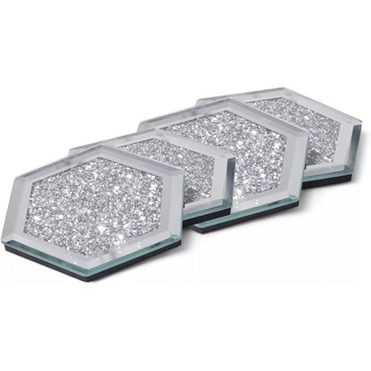 Serena's® Set of 4 Crystal Coasters – 10cm Glass Mirrored Drink Coasters with Glitter Crushed Diamond Design – Elegant Coasters for Home, Kitchen, Bar, or Table Decoration