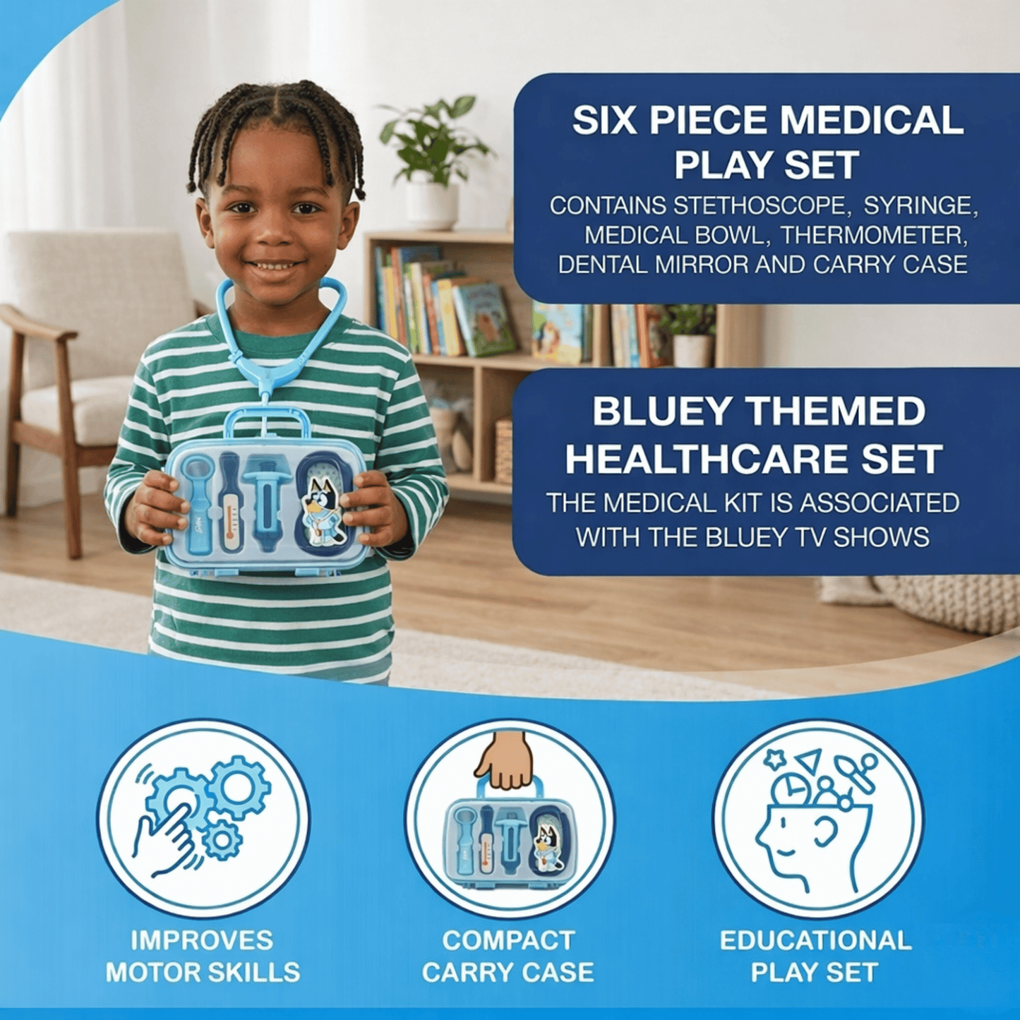 5 Pcs Bluey Medical Case for Kids – Doctor Toy Set with Stethoscope, Thermometer, Syringe & More | Pretend Role Play Kit | Portable Light Blue Carry Case | Ages 3+