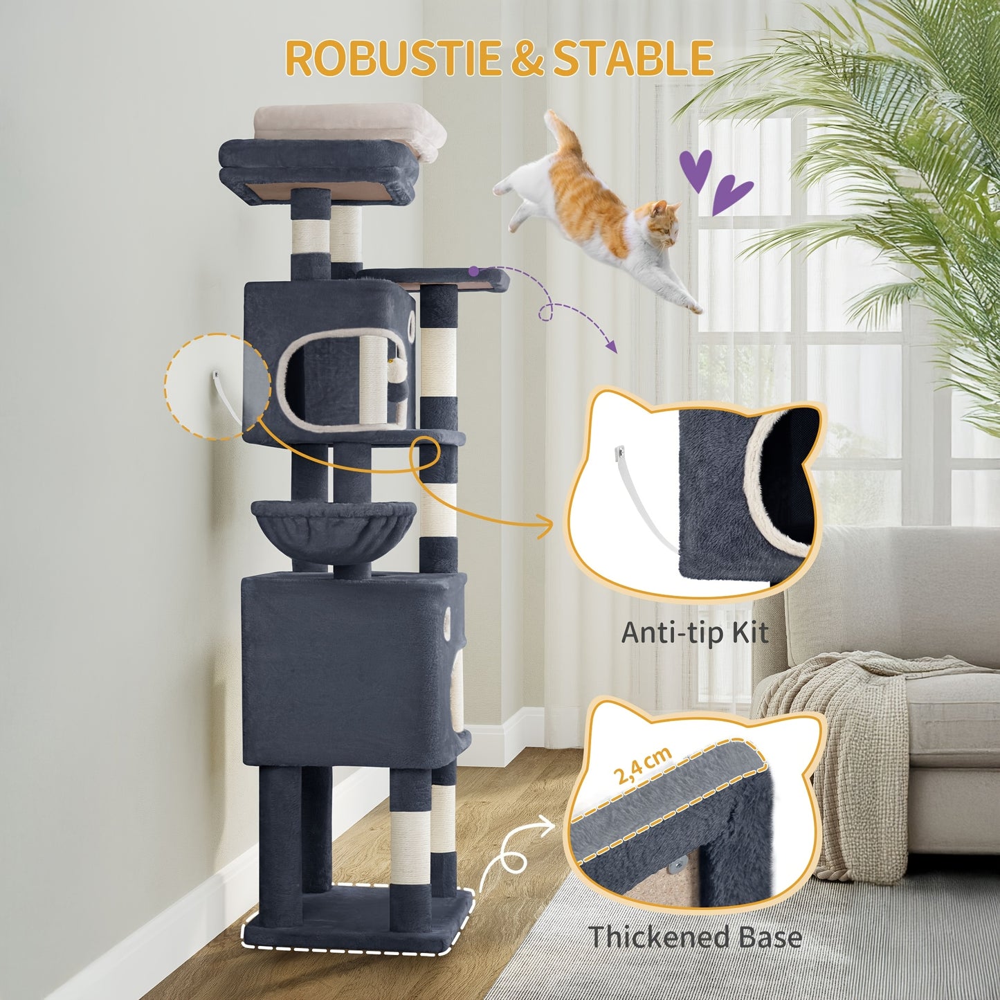 [Multi-Level Cat Tree] HZUANERI 180cm Multi-Level Cat Tree | 8 Scratching Posts, 3 Platforms, 2 Dens, Basket & Plush Balls - Durable Sisal Rope for Indoor Cats of All Sizes, Space-Saving Design for Climbing, Resting & Play, Cat Climbing Tower, Pet Activit