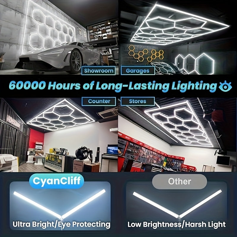 Rectangular Frame Hexagonal LED Garage Light, High Brightness 712W 168000LM 6500K, Ceiling Light, Garage Light, Detail Light, Hexagonal Lighting, LED Garage, Suitable for Garages, Shops, Basements, Car Beauty Shops, Etc., with Installation Clip