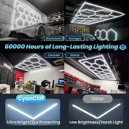 Rectangular Frame Hexagonal LED Garage Light, High Brightness 712W 168000LM 6500K, Ceiling Light, Garage Light, Detail Light, Hexagonal Lighting, LED Garage, Suitable for Garages, Shops, Basements, Car Beauty Shops, Etc., with Installation Clip