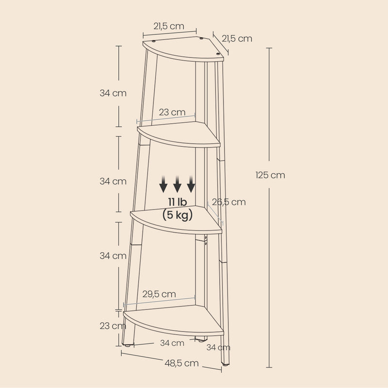Corner Shelf, 4-Tier Corner Bookshelf, Storage Shelving Unit with Steel Frame