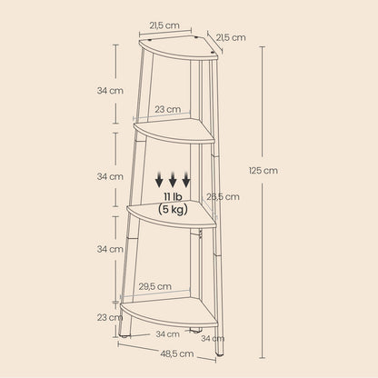 Corner Shelf, 4-Tier Corner Bookshelf, Storage Shelving Unit with Steel Frame