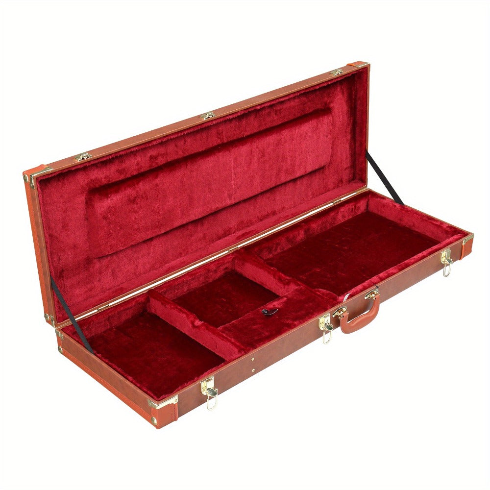 Electric Guitar Hard Case Lockable Wood PU Leather Coffee Brown Fits ST TL SG Shockproof Plush Lined Accessory Compartment Travel Gig Box
