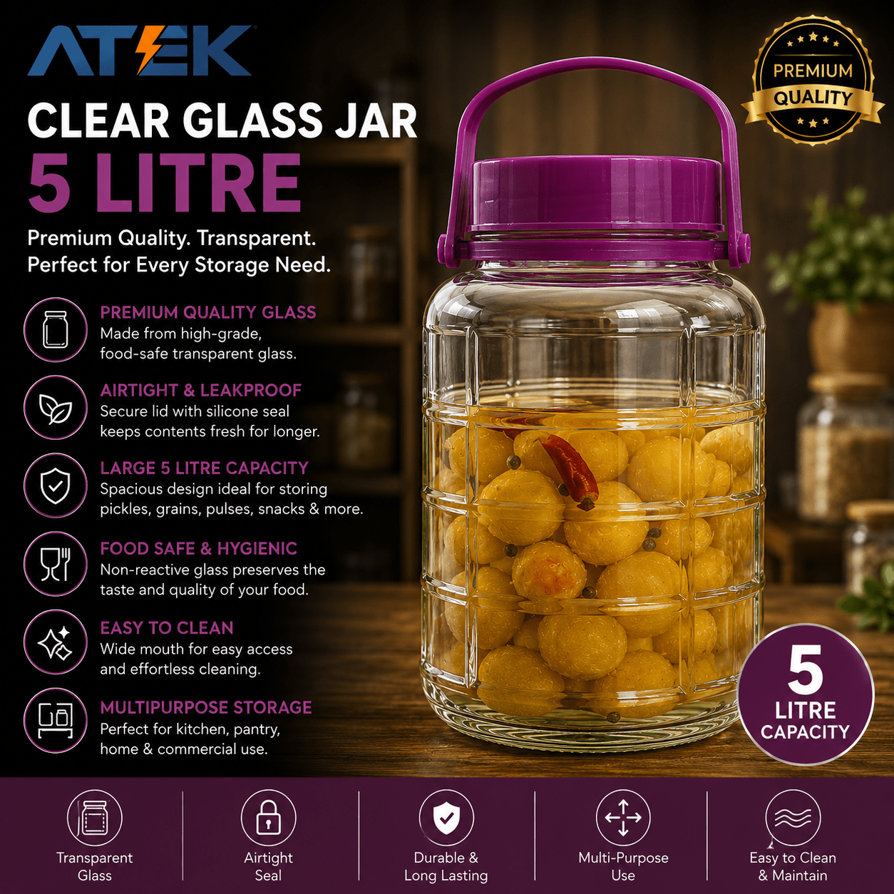 ATEK Clear Glass jar, 5L, 8L, 10L Premium Quality Transparent Pickle jar Food storage Container Airtight Slead Jars Kitchen Glass Food Container with Lid Pantry Glass Jar Preserving Jars Large Glass Canister