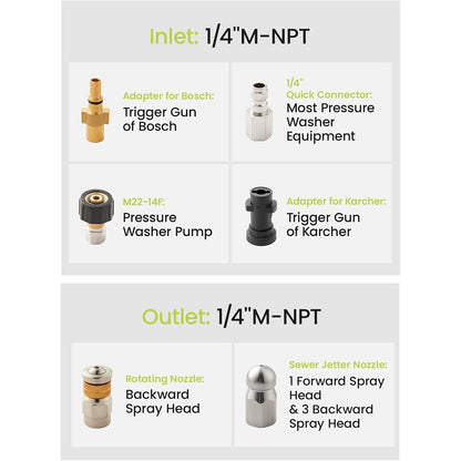 30M Pressure Washer Drain Cleaning Hose Kit Sewer Jetter Hose 5800PSI/400Bar for Washer Gun Includes 4 Adapters, 2 Corner & Rotating Nozzles for Cleaning Sewers, Sinks and Drains.