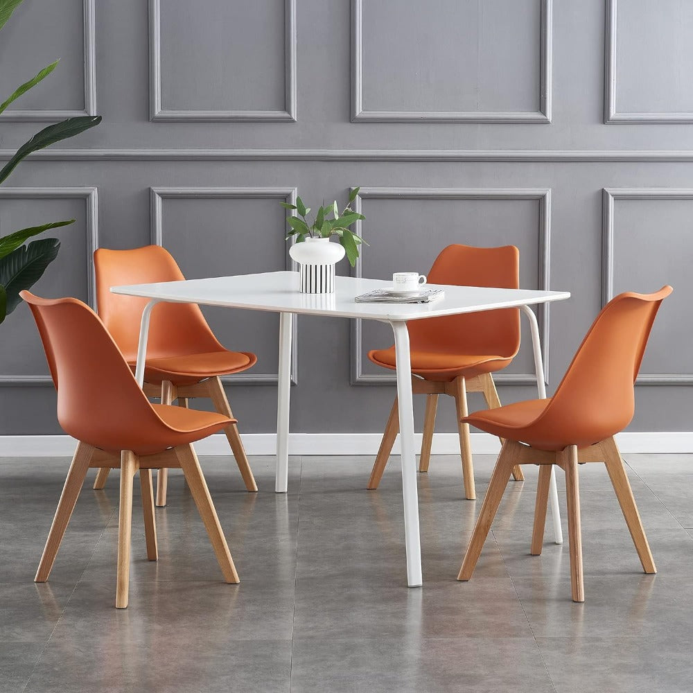 Set of 4 Dining Chairs with Wooden Legs & Cushion Pad - Retro Mid-Century Faux Leather Seat, 120kg Capacity, 7 Colours, UK Stock