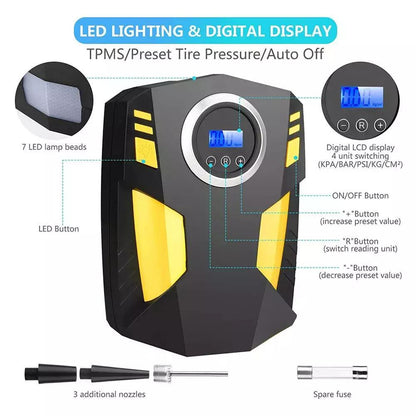1PC Portable Digital Tire Inflator, Smart Air Compressor with Auto Stop Function, LED Lighting & Multi Nozzles Design, Fast Inflation Handheld Air Pump, Multifunctional Emergency Inflation Tool for Vehicle, Motorcycle, Bike, Sports Ball and Inflatable Ite