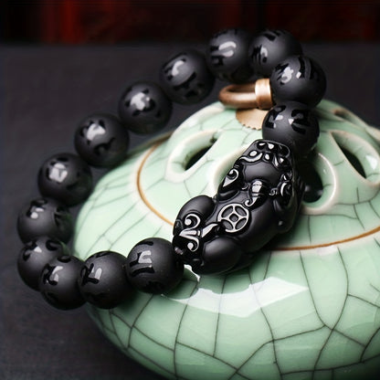 Obsidian Pixiu Six-Character Mantra Bracelet for Men, Frosted Six-Character Mantra Beads Single Circle Ornament Bracelet