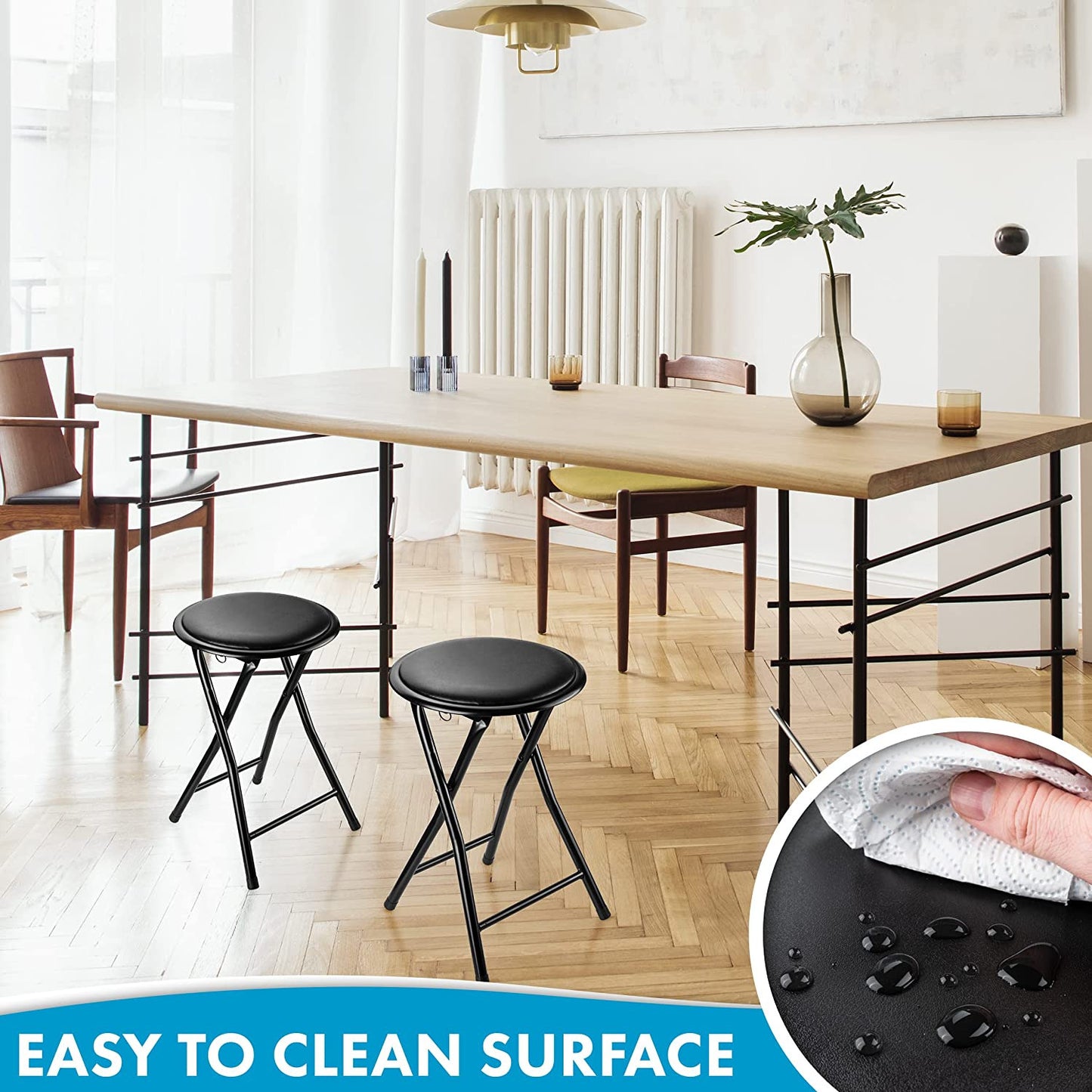 BLACK WHITE FOLDING STOOL ROUND FOLDABLE METAL SPACE SAVING STOOLS PADDED SEAT