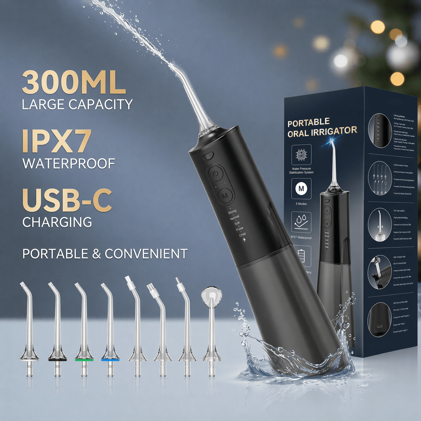 Wireless Professional Oral Irrigator, 300 Ml Water Tank, 5 Modes & 8 Nozzles, USB-C Fast Charging, IPX7 Waterproof, Quiet & Portable - Ideal for Braces, Implants, Sensitive Gums, And for Home & Travel.