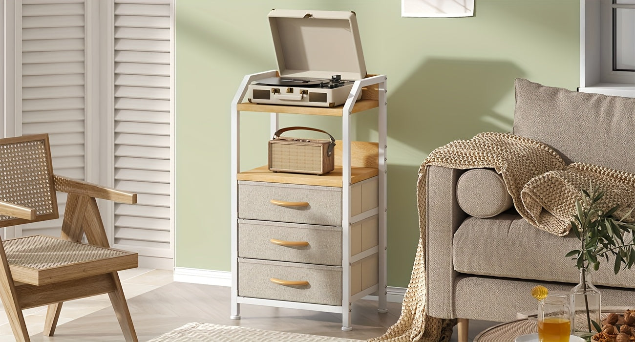Modern End Table with 3 Fabric Drawers & 2 Open Shelves - Metal Frame Bedside Table, Light Beige Finish, 68.58cm Height, 3, 2 Cu Ft Storage, Easy Assembly for Bedroom & Living Room, Bedroom Nightstand, Contemporary Design, Sturdy Construction, Minimalist