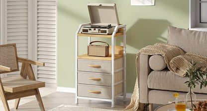Modern End Table with 3 Fabric Drawers & 2 Open Shelves - Metal Frame Bedside Table, Light Beige Finish, 68.58cm Height, 3, 2 Cu Ft Storage, Easy Assembly for Bedroom & Living Room, Bedroom Nightstand, Contemporary Design, Sturdy Construction, Minimalist