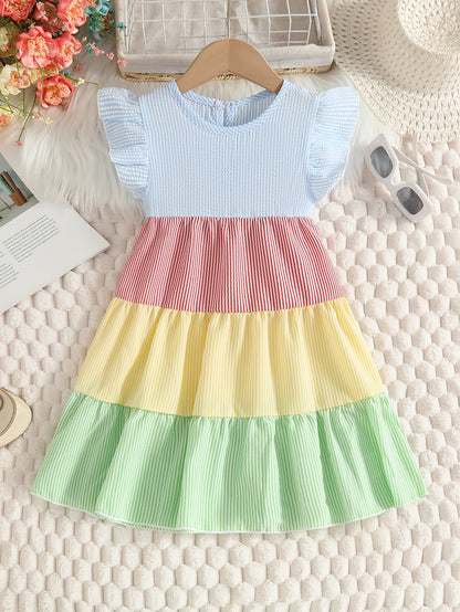 New Summer Style Girls' Colorblock Striped Dress, Cute Flutter Sleeve Dress, Summer Casual Dress, Summer Children's Clothing, Casual Daily Wear, Sweet and Adorable Girls' Dress, Girls' Clothes, Easter