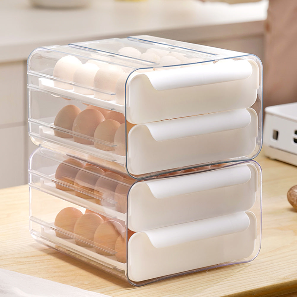 Egg Box for Refrigerator, Stackable Transparent Egg Storage Box, 32 Grid Egg Container, Double-Layer Kitchen Fridge Egg Drawer Boxes, White