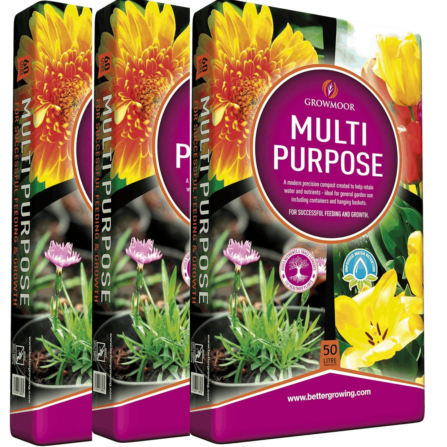 3 Pack Growmoor Multi Purpose Compost 50L Premium Garden Soil Mix For Flowers Plants Pots Hanging Baskets And Seed Growing