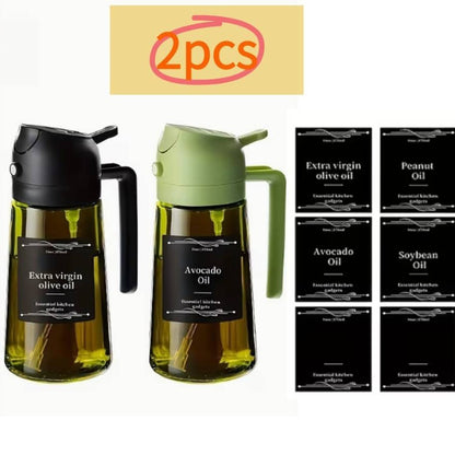 Set of 2 Kitchen Glass Olive Oil Dispensers, a 2-In-1 Oil Bottle And Cooking Sprayer, 16-Ounce Premium Dark Green Glass Oil Bottle, Cooking Oil Dispenser, Kitchen Oil Sprayer, Includes 6 Stickers, Suitable for Grilling, Rvs, Salads