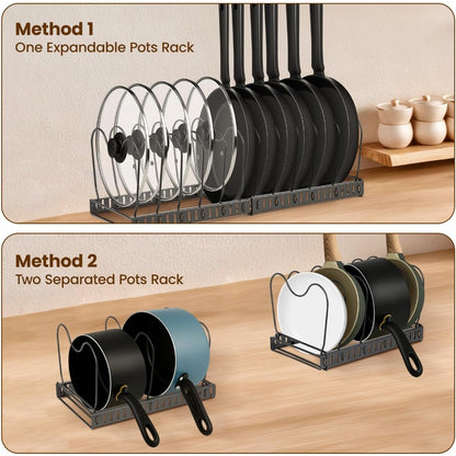 1 Set Pot and Pan Organizer Rack with 10 Adjustable Dividers – Expandable Kitchen Cabinet Storage for Lids, Dishes, Cookware – Bakeware Rack for RV & Home