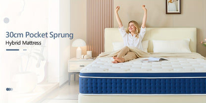 30cm Hybrid Mattress Pocket Sprung 3ft 4ft 4FT6 Double 5ft King 6ft Memory Foam Mattress In A Box, Pocket Spring for Edge Support, Medium Firm Mattress for Balance Of Comfort And Support, Fiberglass Free & Isolate Motion