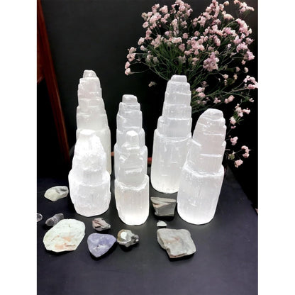 Selenite Mountain Pillars Handmade White Natural Raw Crystal Tower Healing Energy Mineral Meditation Charging Selenite Crystal Table Decorative Pillar Chakra Spiritual Gift Decorative