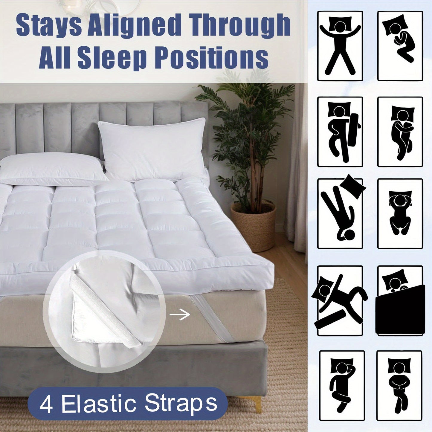 10cm Hotel Quality Mattress Topper | Summer Cooling Super Soft with 1000GSM Hollowfiber Filling | 4 Elasticized Corner Straps | White Blue Grey | Suitable for UK Single, Small Double 4ft, Double, King, Super King Size